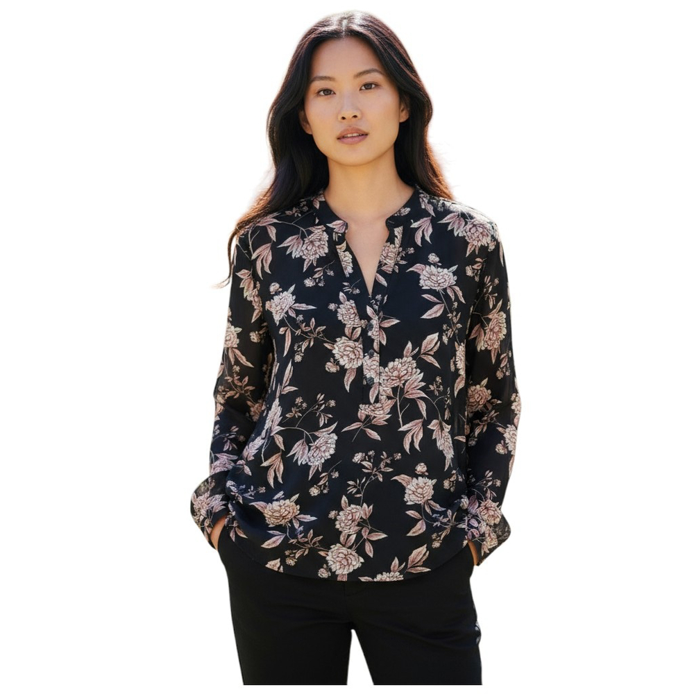 Forever 21 Popover Blouse Women M Blue Floral Feminine Boho Office Professional